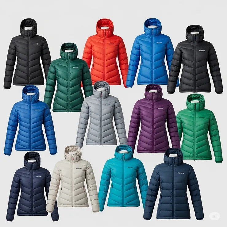 A collection of Marmot ladies' down jackets in various colors, showcasing the available options for customers.