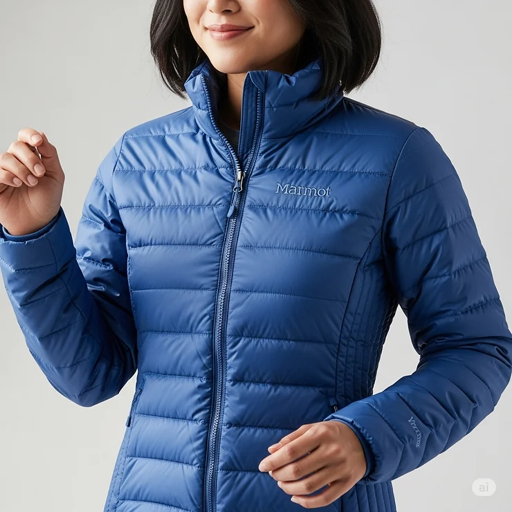 Close-up of a Marmot down jacket for women, highlighting its flattering and comfortable fit.
