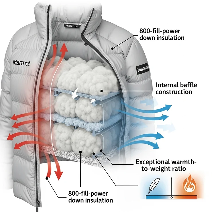 A diagram or cross-section illustrating the high-quality down insulation inside a Marmot ladies' down jacket, explaining its warmth-to-weight ratio.