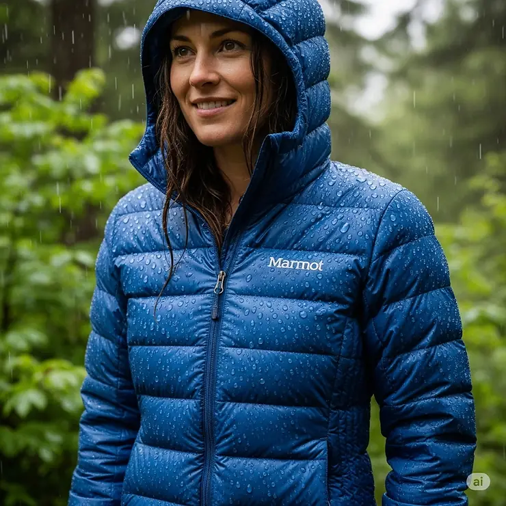 An image demonstrating the water-resistant properties of a Marmot ladies' down jacket, showing water beading on the fabric.