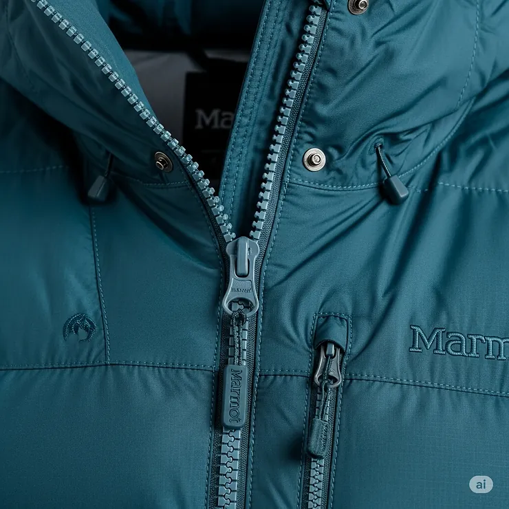 Detailed shot of the durable zipper and waterproof features on a Marmot women's down jacket.