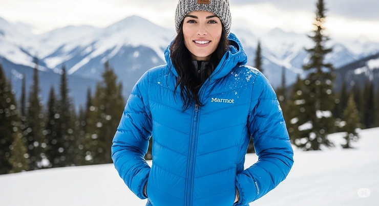 A woman wearing a stylish Marmot ladies' down jacket, posing outdoors in a snowy landscape. The jacket is a vibrant color, showcasing its warmth and fashion.