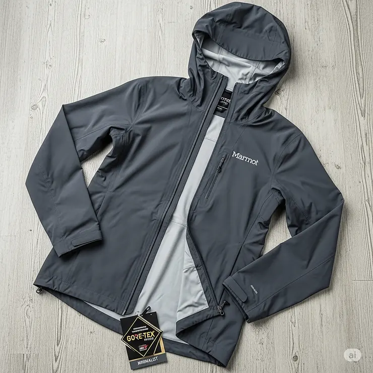 Front view of the lightweight Marmot Minimalist waterproof jacket, showcasing its sleek design.