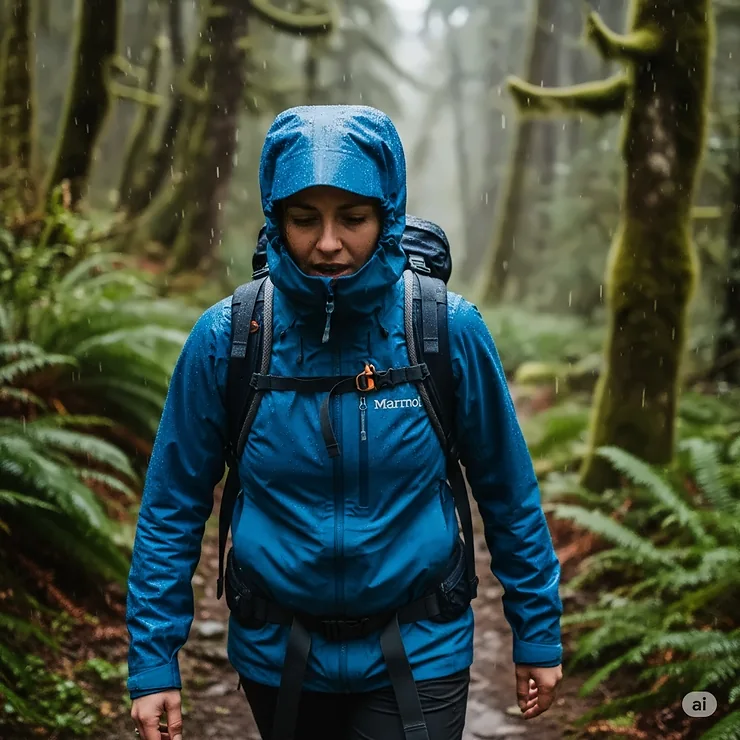 The Marmot PreCip Eco, a popular waterproof jacket, keeping someone dry during a rainy hike.