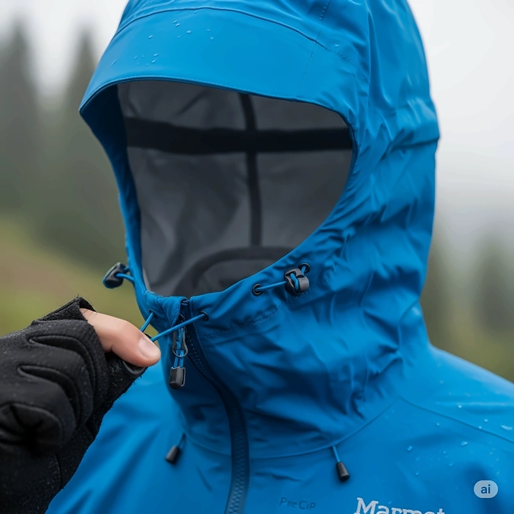 An image focusing on the adjustable hood of the Marmot PreCip rain jacket.