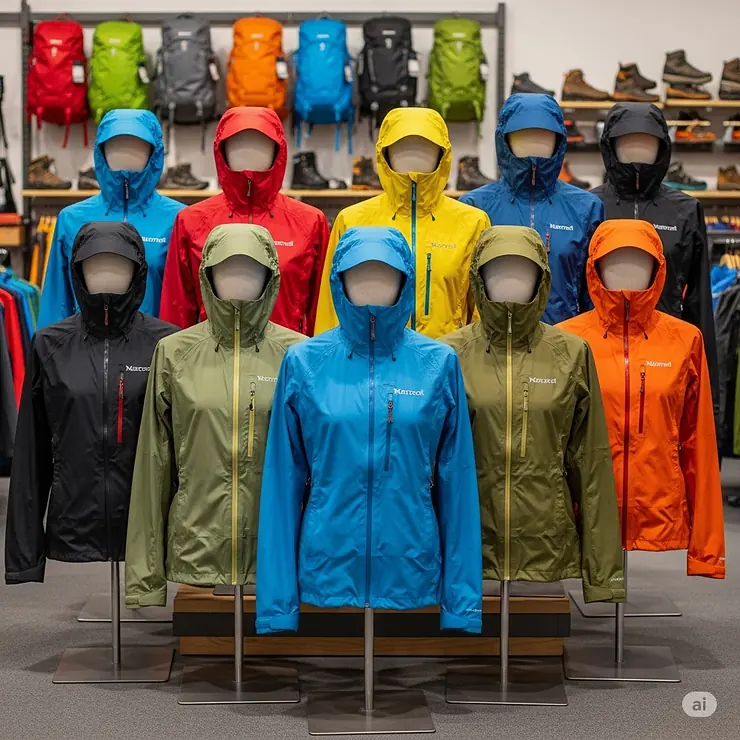 A collection of Marmot PreCip rain jackets displayed in various available colors.