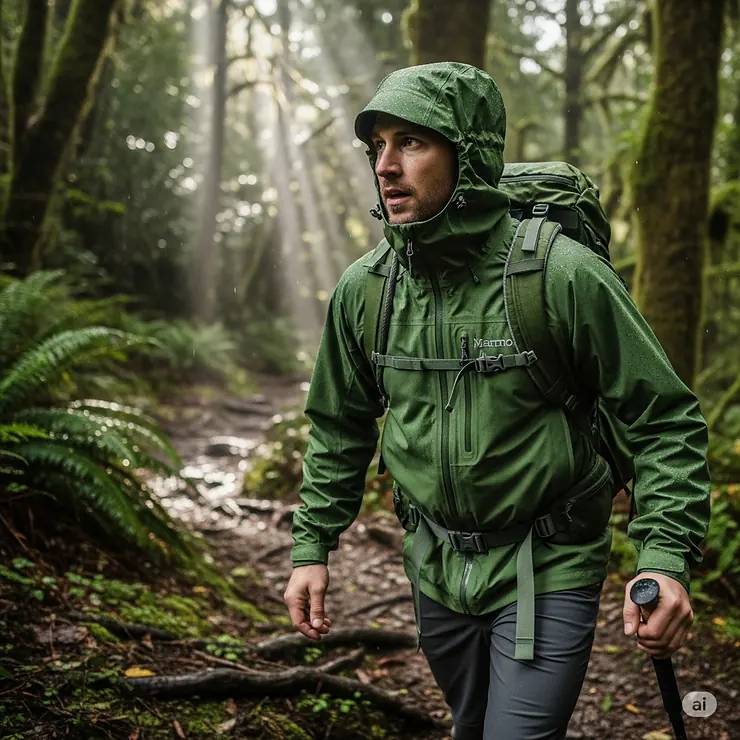A man hiking through a forest in a green Marmot PreCip rain jacket, demonstrating its use in outdoor activities.