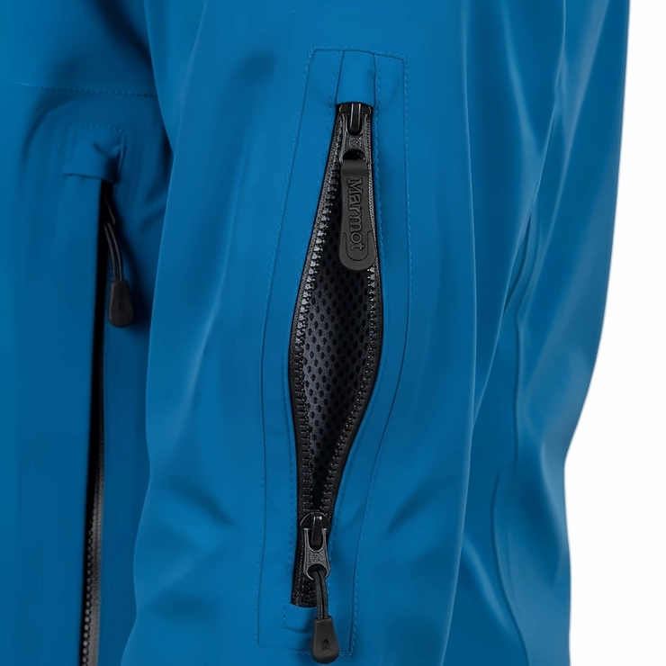 A close-up view of the pit zips on a Marmot PreCip rain jacket, illustrating its ventilation system.