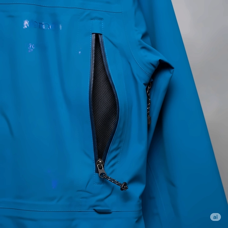 A detailed photo showcasing the zippered pockets on a Marmot PreCip rain jacket.