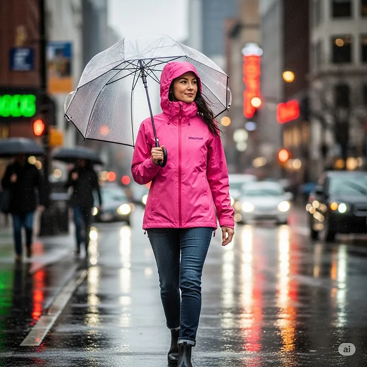 A woman walking in a city on a rainy day, wearing a stylish pink Marmot PreCip rain jacket.