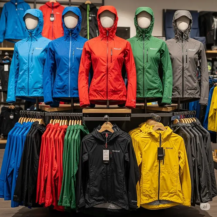 A selection of Marmot rain jackets in various colors, giving customers a choice for their new waterproof gear.