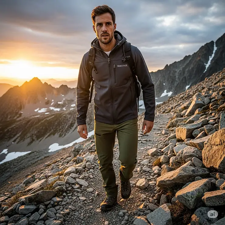 A man hiking on a rocky trail, wearing a flexible Marmot men's softshell jacket that provides breathability and protection from the wind.