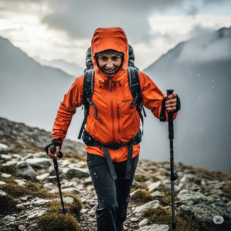 A person confidently hiking in the mountains, wearing a waterproof Marmot jacket to stay dry from the rain.