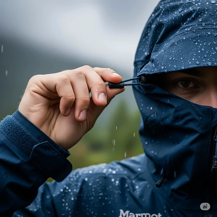 A hand adjusting the hood of a Marmot waterproof jacket for a snug, protective fit against wind and rain.