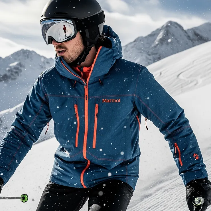 A male skier wearing a technical Marmot winter jacket, highlighting its windproof and insulated features on a snowy slope.