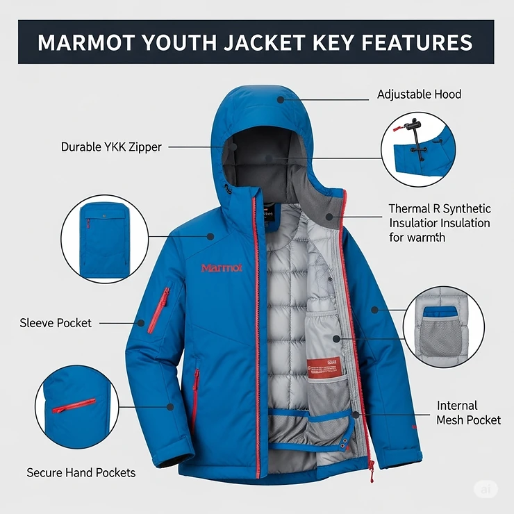 A diagram or infographic showcasing the key features of the Marmot youth jacket, such as pockets, zippers, and insulation technology.