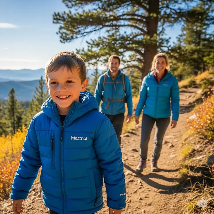 A young boy wearing a blue Marmot youth jacket, smiling as he hikes on a trail with his parents. The jacket appears warm and durable.