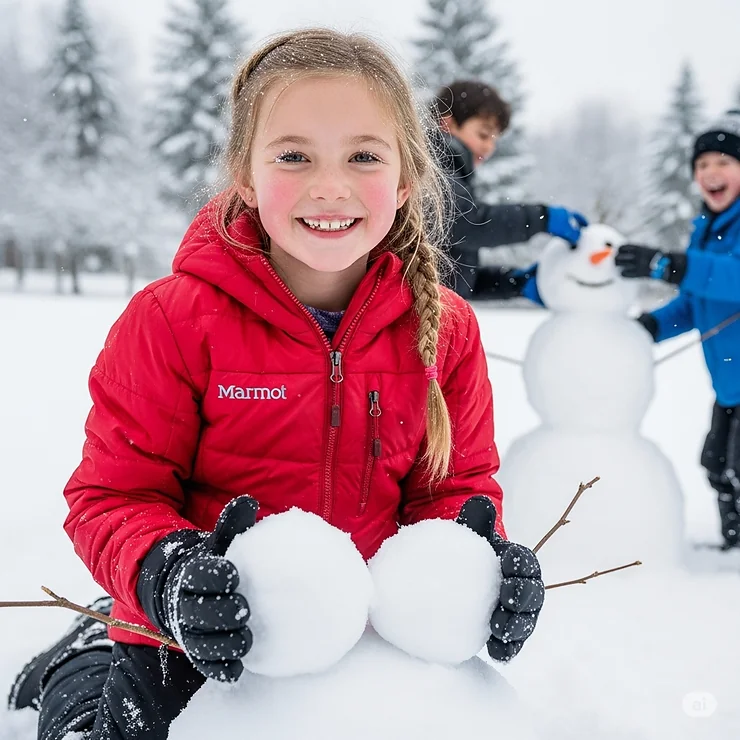 A close-up shot of a girl wearing a red Marmot youth winter jacket, making a snowman with friends.
