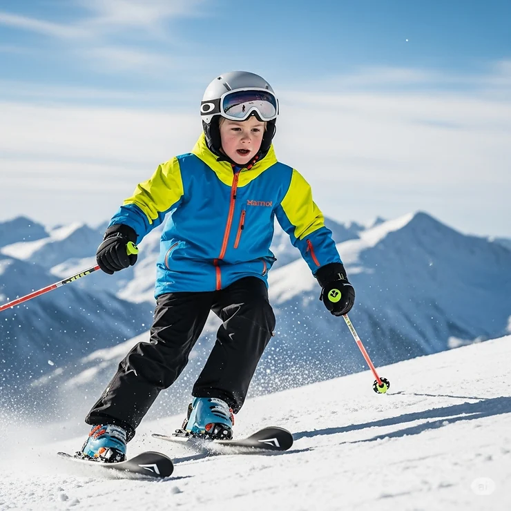 A young skier on a mountain slope, wearing a brightly colored Marmot youth ski jacket for warmth and visibility.