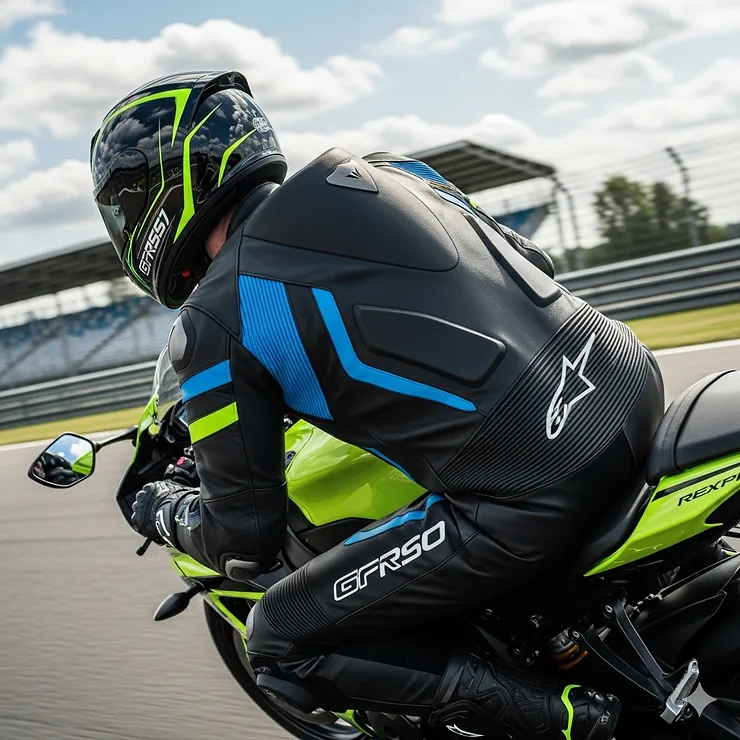 An action shot of a man riding a sport bike, wearing a modern racing leather jacket with aerodynamic humps and bright color accents.