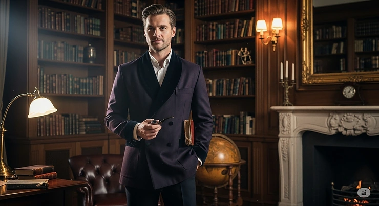 A man wearing a classic smoking jacket with velvet lapels, standing in a library, exuding timeless style and sophistication.