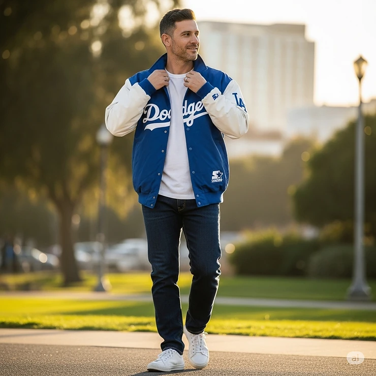 A man casually styling a Dodgers Starter jacket, showing how the outerwear can be worn for everyday comfort and team pride.