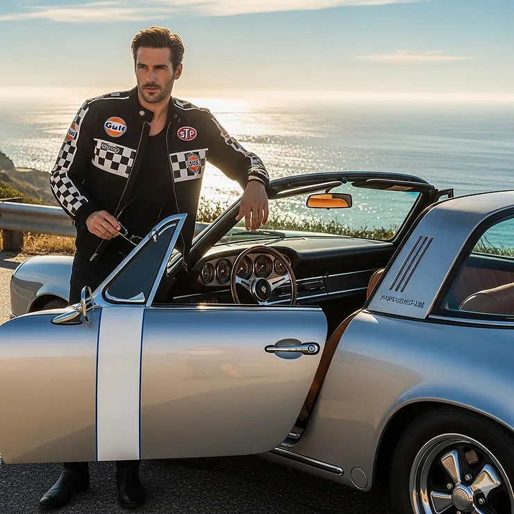 A man in a classic black and white racing jacket standing next to a vintage sports car. racing jacket mens