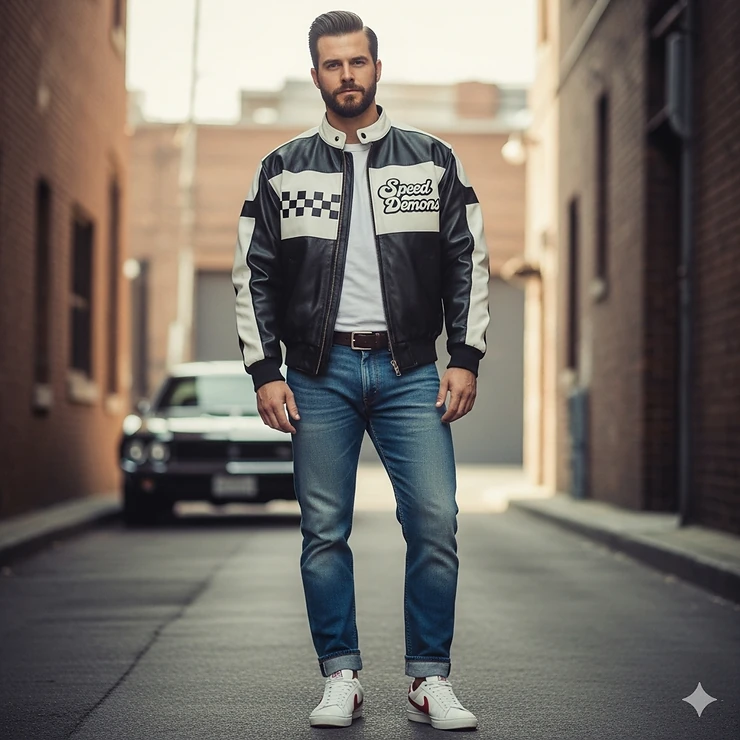 A man in a retro outfit wearing a black and white vintage racing jacket with a prominent logo on the chest.