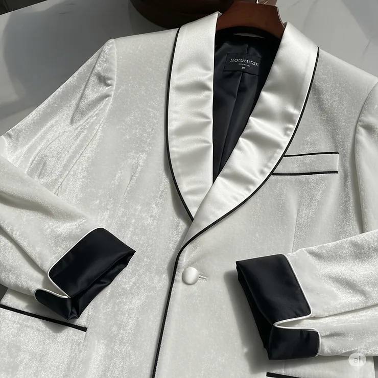 A detailed shot of a men's white smoking jacket made from plush velvet, showcasing its luxurious texture.