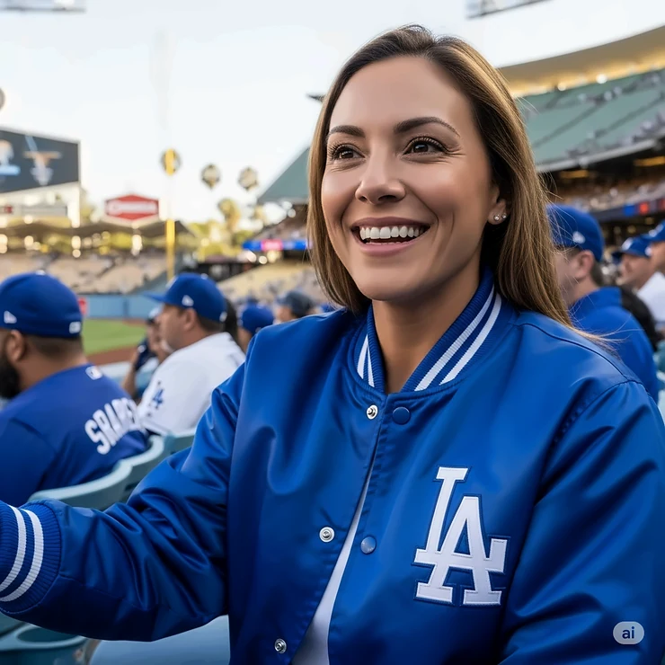 A female fan wearing an officially licensed MLB Dodgers satin jacket, smiling at the game.