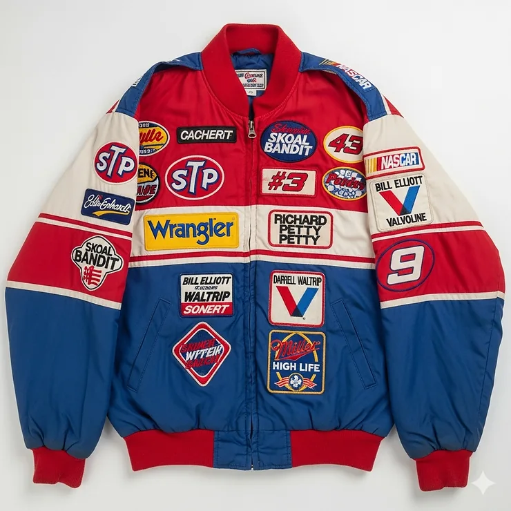 A classic NASCAR vintage racing jacket, featuring iconic team and driver patches from the 1980s.