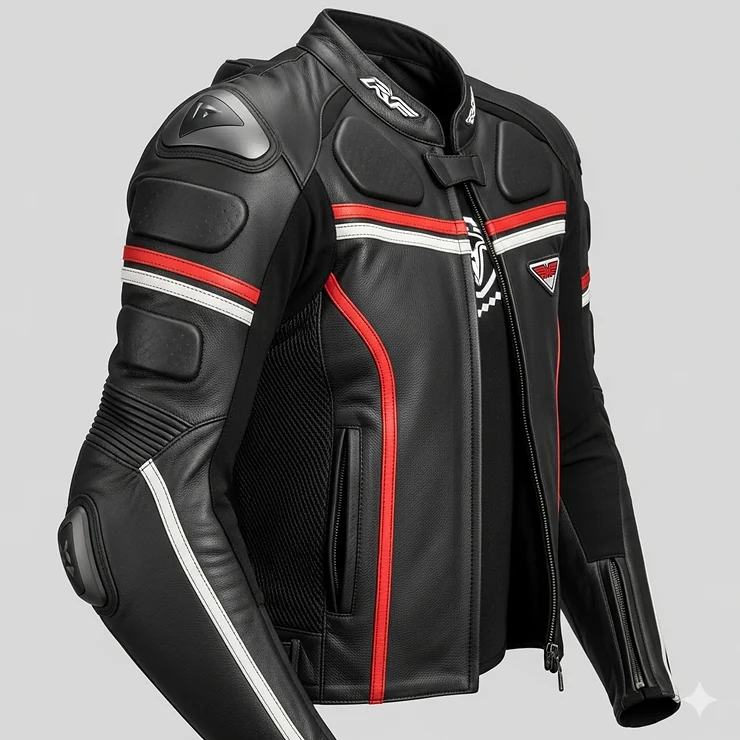 A detailed side view of a racing leather jacket highlighting the padded shoulders, elbow protectors, and breathable mesh lining.