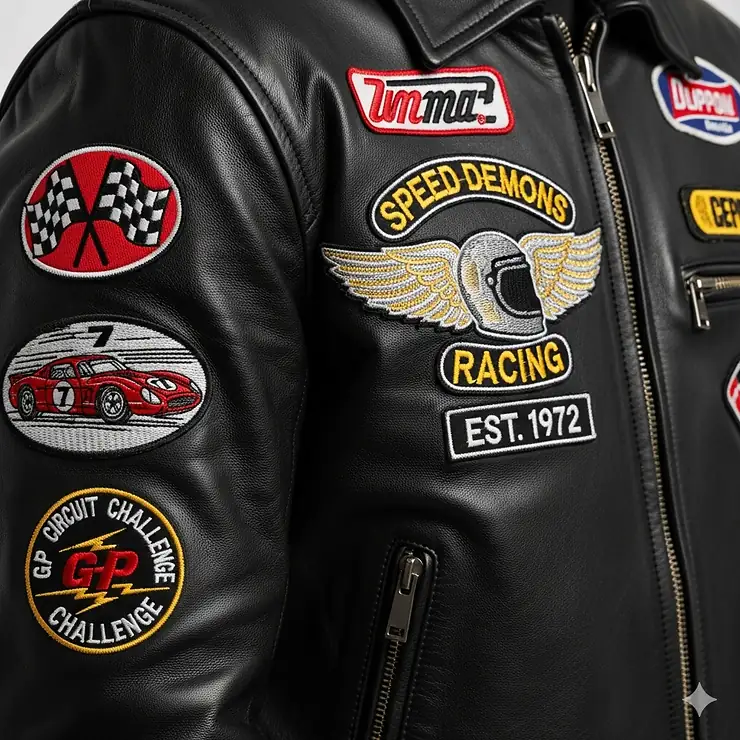 Close-up shot showing the detailed embroidery and patches on a men's leather racing jacket.