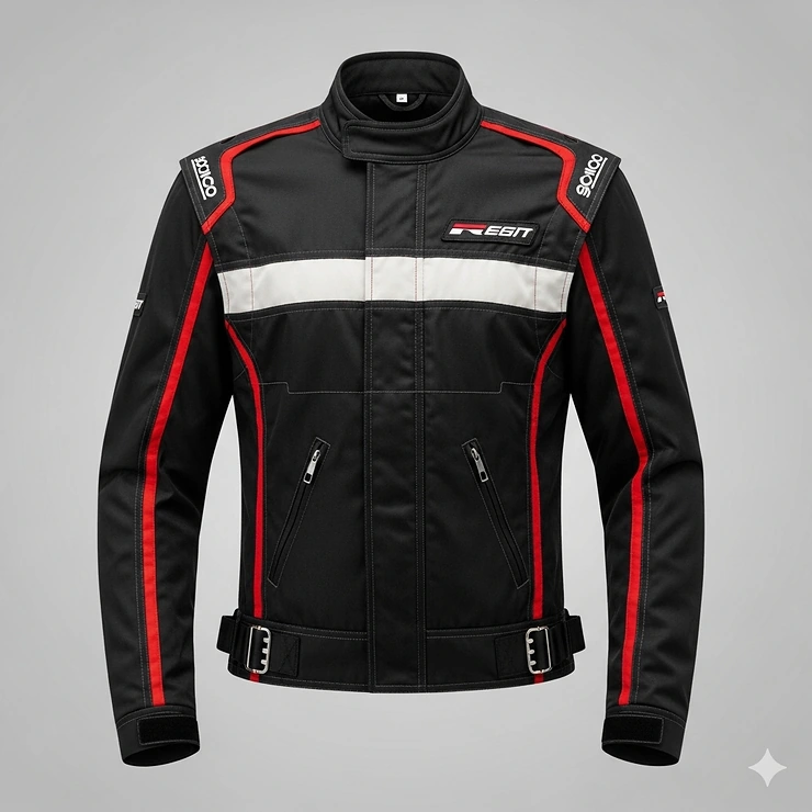 A front view of a black racing jacket with red and white accents, showing the zippered pockets and adjustable waist straps.