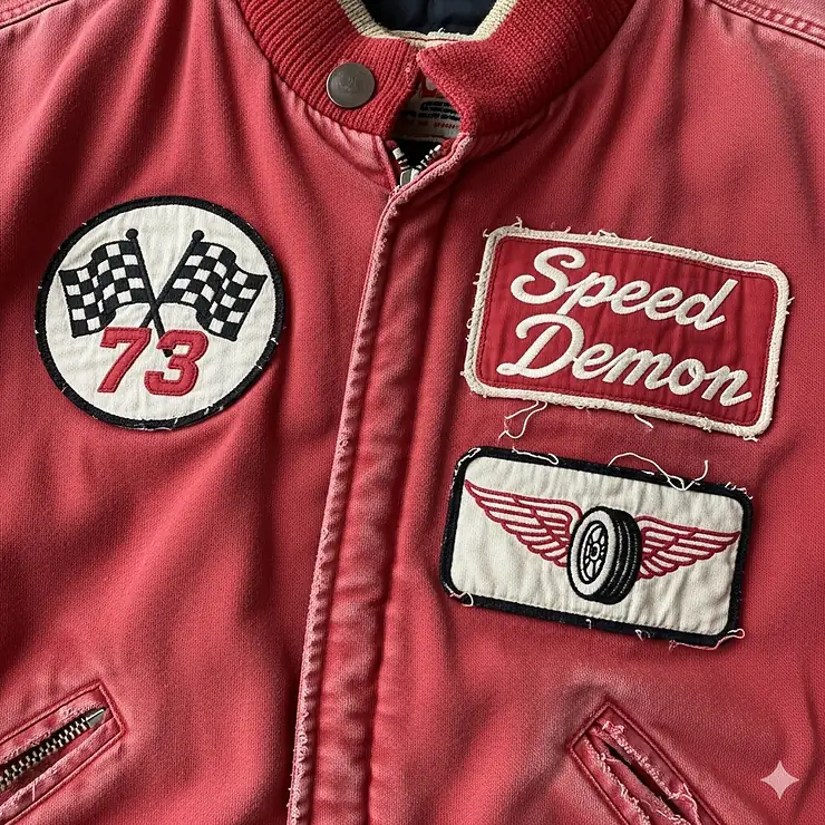 A close-up shot of a red vintage racing jacket, highlighting the classic patches and worn-in texture.