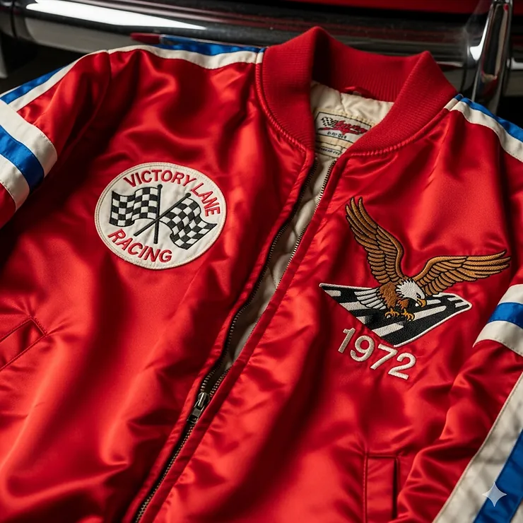 A detailed shot of a shiny satin vintage racing jacket, emphasizing the material's sheen and embroidered details.