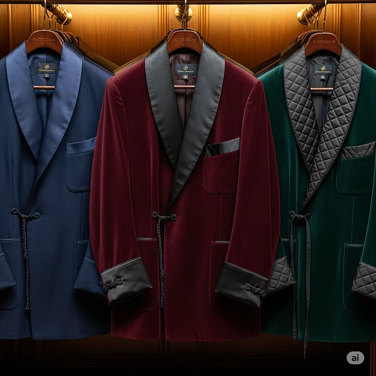 A collection of smoking jackets in various popular colors, including deep burgundy, navy blue, and hunter green.