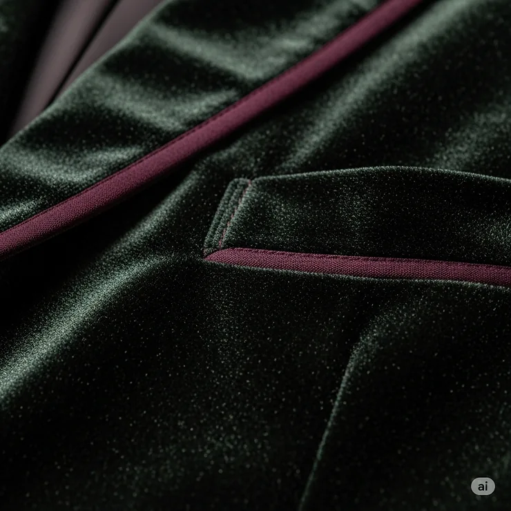 A close-up shot of the rich texture of a velvet smoking jacket, highlighting the quality and feel of the fabric.