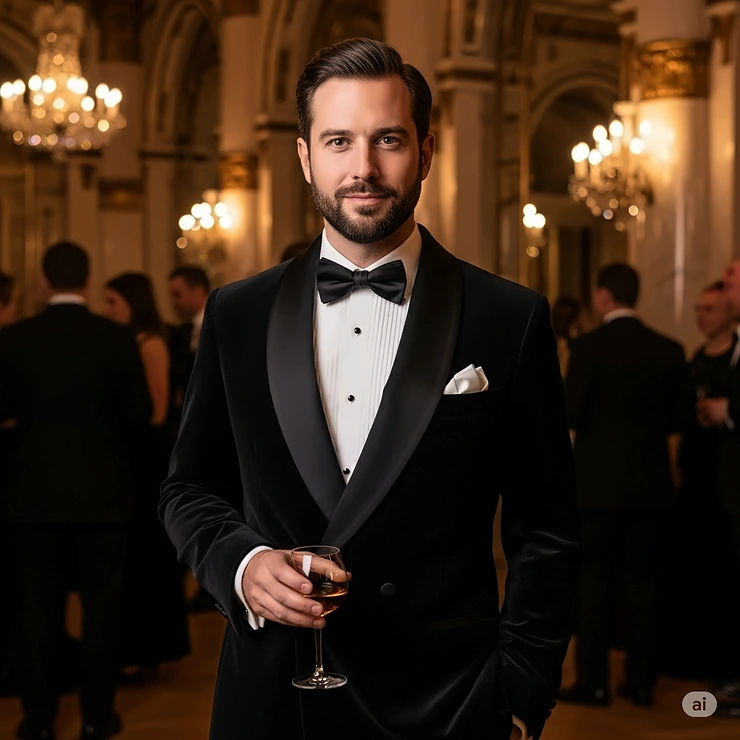 A smoking jacket styled for a formal event, shown with a bow tie and dress shirt, suitable for black-tie occasions.