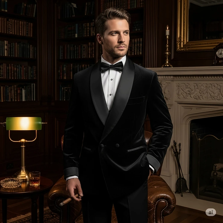 A man wearing a classic black velvet smoking jacket with a satin lapel, showcasing the luxurious fabric and traditional design.