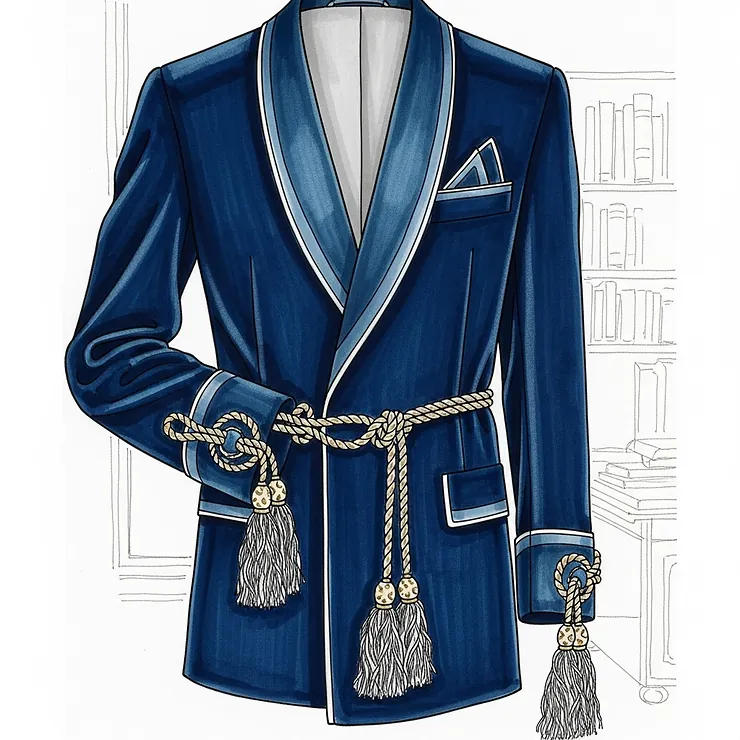 An illustration of a smoking jacket featuring contrasting piping and rope tassels on the cuffs and closure.