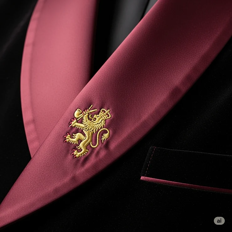A detailed view of a smoking jacket's satin shawl lapel, emphasizing a key design element that distinguishes it from other jackets.