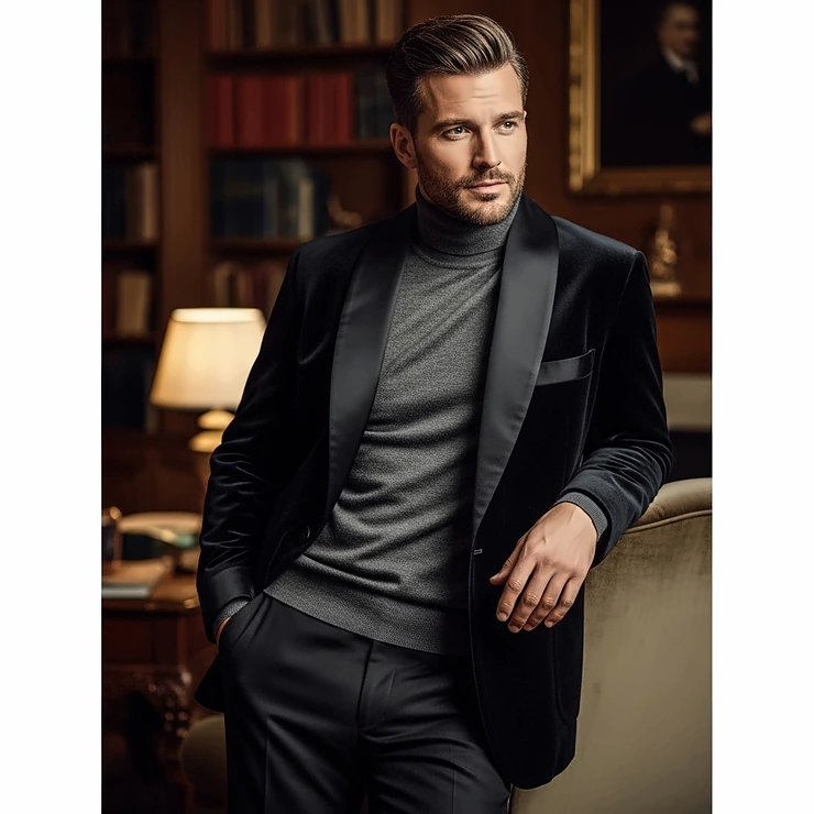 An image demonstrating how to style a smoking jacket casually, paired with a turtleneck sweater and dark trousers for a modern look.