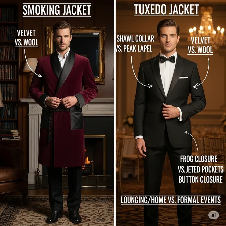 A visual comparison between a men's smoking jacket and a traditional tuxedo jacket, outlining their key differences in style and function.