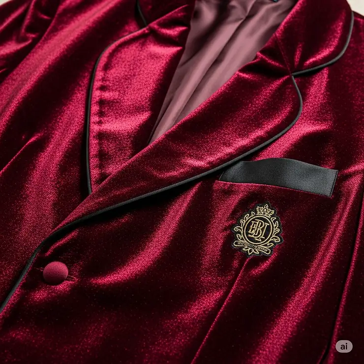 Close-up of a luxurious burgundy velvet smoking jacket showing the rich texture of the fabric.