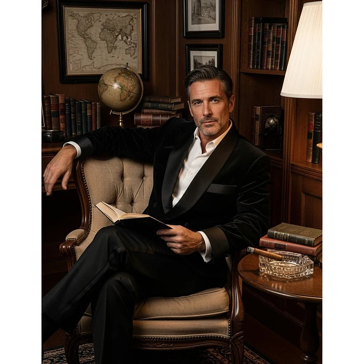 A man wearing a classic black velvet smoking jacket with satin lapels, seated comfortably in a vintage armchair.