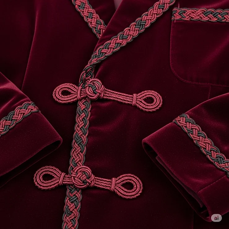 Detailed shot of the frog closures and braided trimming on a traditional velvet smoking jacket.