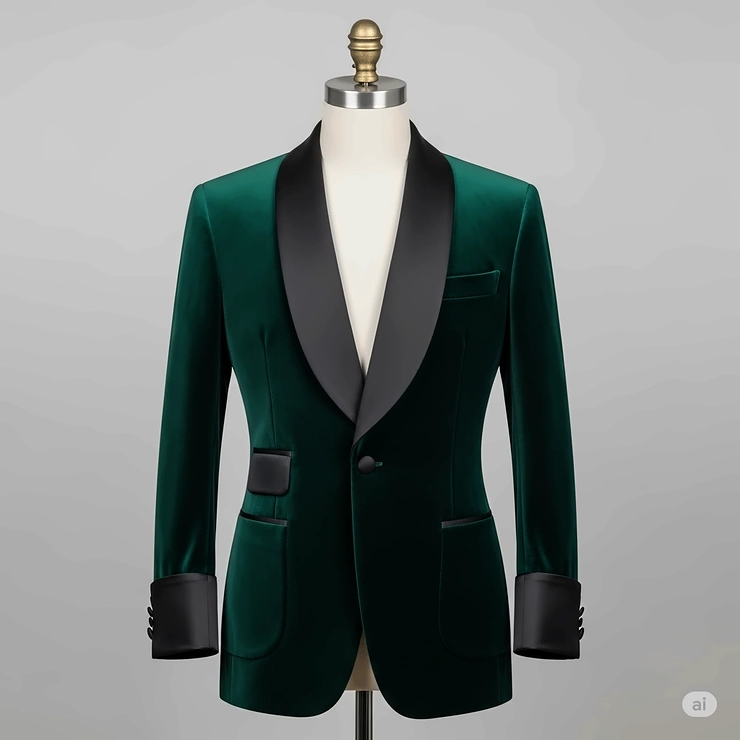 A full-length front view of a stylish velvet smoking jacket on a mannequin, highlighting its fit and silhouette.