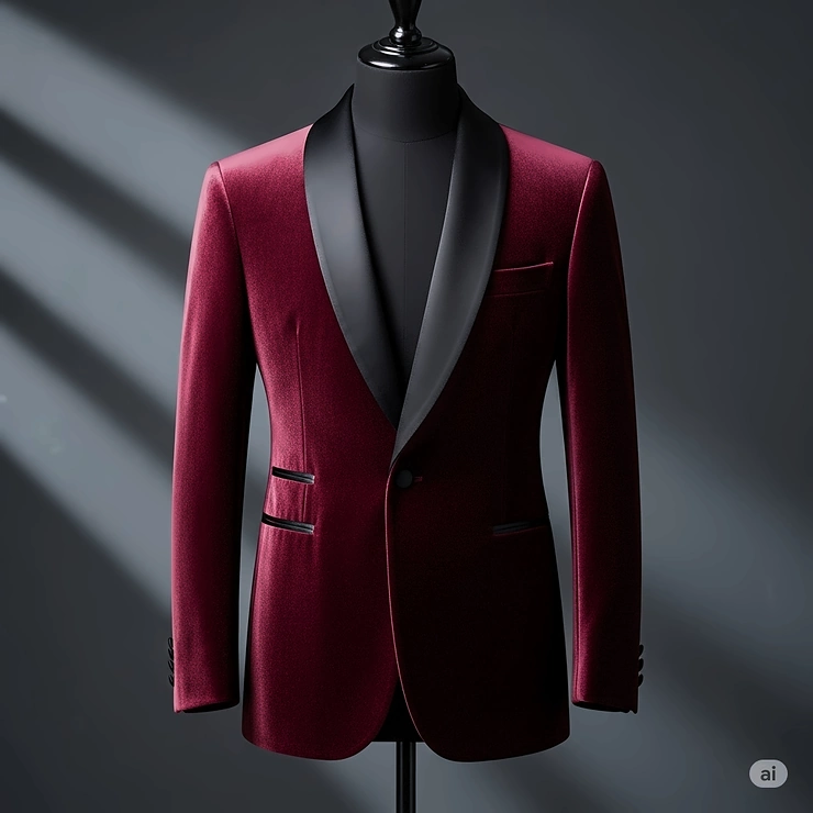 A sleek, modern-fit velvet smoking jacket in a contemporary design.