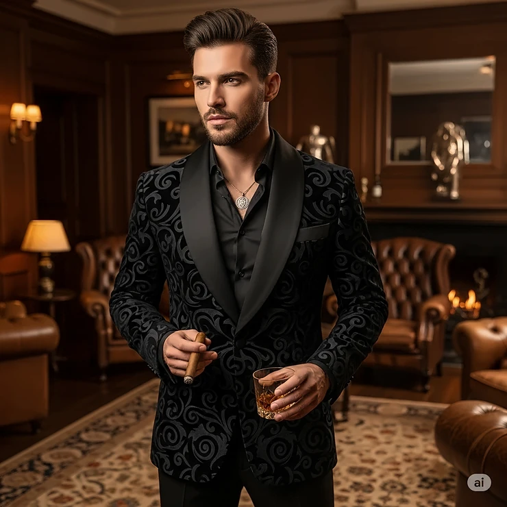 A unique patterned velvet smoking jacket, perfect for a sophisticated, modern look.